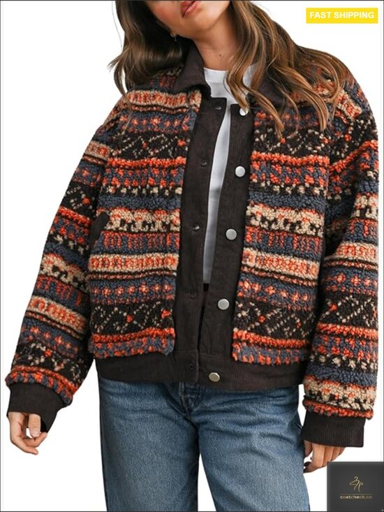 Jackets & Blazers - Floral Sherpa Jacket Open Front Denim Collar Oversized Fleece Outerwear Pockets